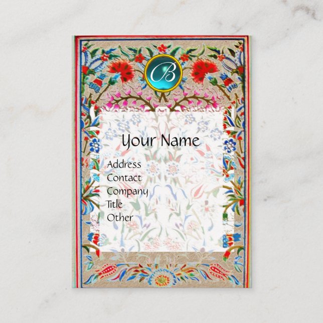 Tarjeta De Visita ROJO ROJO ROJO FLORAL AZUL DAMASK MONOGRAM Kraft (Anverso)