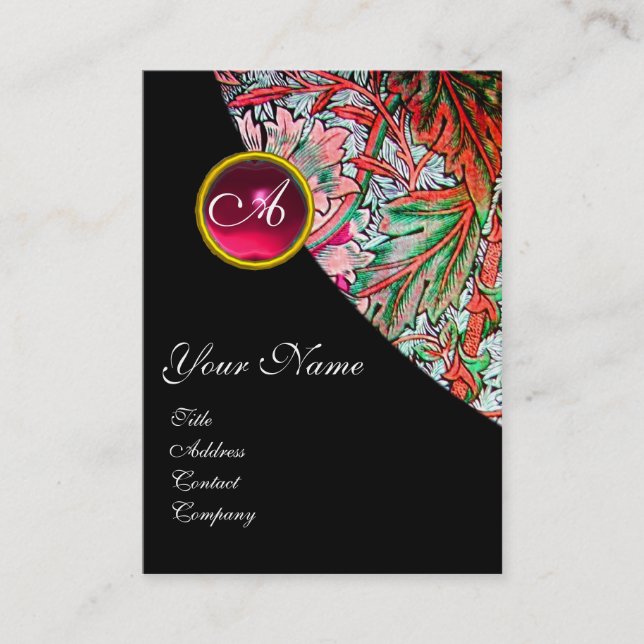 Tarjeta De Visita ROJO RUBY DAMASK MONOGRAM 3 fucsia azul rosa verde (Anverso)