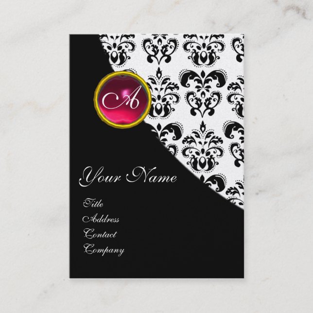Tarjeta De Visita ROJO RUBY DAMASK MONOGRAM fuchsia papel de perlas (Anverso)