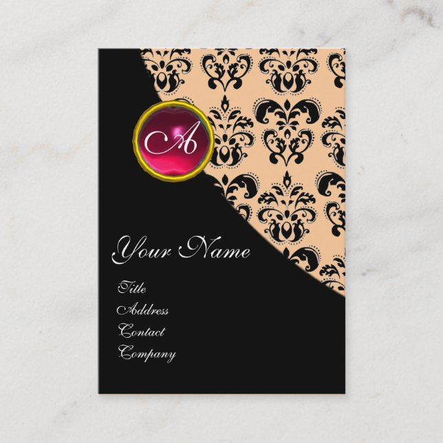 Tarjeta De Visita ROJO RUBY DAMASK MONOGRAM fuchsia rosa (Anverso)