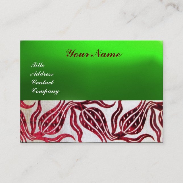 Tarjeta De Visita ROJO VELVET DAMASK TULIPS MONOGRAM Borgoña Verde (Anverso)