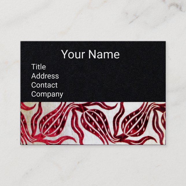 Tarjeta De Visita ROJO VELVET DAMASK TULIPS MONOGRAM Papel negro (Anverso)