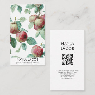 Tarjeta De Visita Rojo Verde Manzana Fruta Patrón Acuarela Rústica