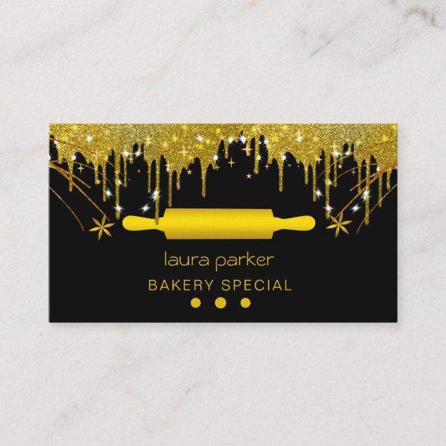 Tarjeta De Visita Rolling Pin Bakery Pastry Catering Drin Gold (Anverso)