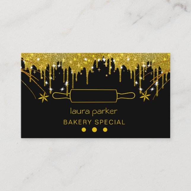 Tarjeta De Visita Rolling Pin Bakery Pastry Catering Drin Gold (Anverso)