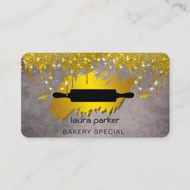 Tarjeta De Visita Rolling Pin Bakery Pastry Catering Drin Gold (Anverso)