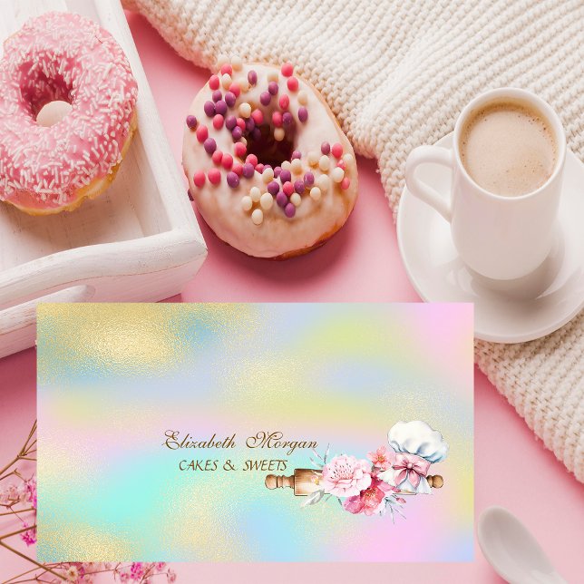 Tarjeta De Visita Rolling Pin Flowers Bakery Colorful Holographic (Subido por el creador)