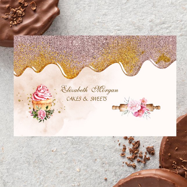 Tarjeta De Visita Rolling Pin Flowers Cupcake Bakery Drips (Subido por el creador)
