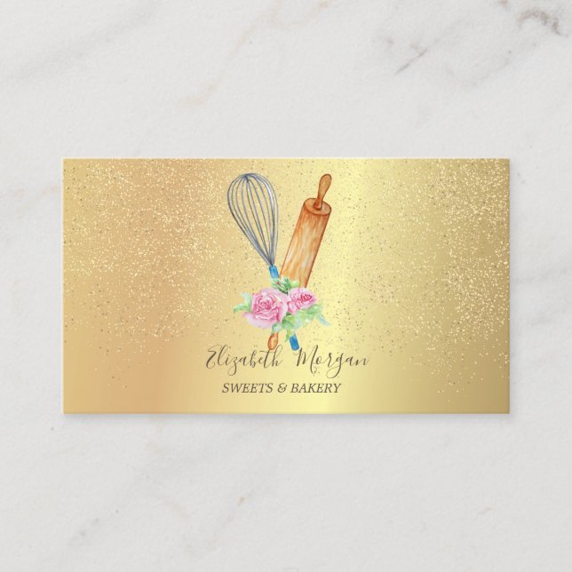 Tarjeta De Visita Rolling Pin Whisk Rosa Gold Confetti Bakery (Anverso)
