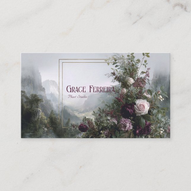 Tarjeta De Visita Romantic Floral Misty Mountain Valley Gold Frame (Anverso)