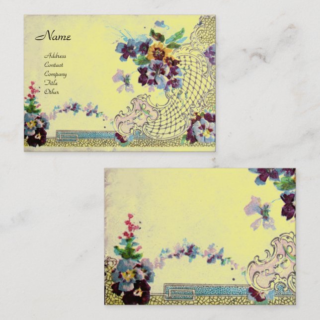 Tarjeta De Visita ROMANTICA Elegante cesta floral, Pansies Amarillo (Anverso / Reverso)