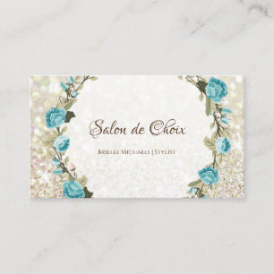 Tarjeta De Visita Romántico Rosa azul floral elegante Purpurina espa