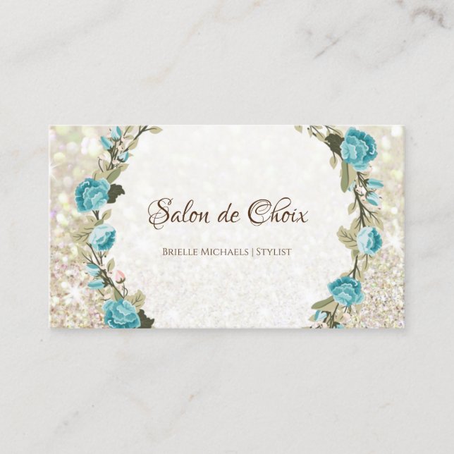 Tarjeta De Visita Romántico Rosa azul floral elegante Purpurina espa (Anverso)