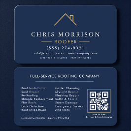Tarjeta De Visita Roofer Navy Blue Gold QR Code