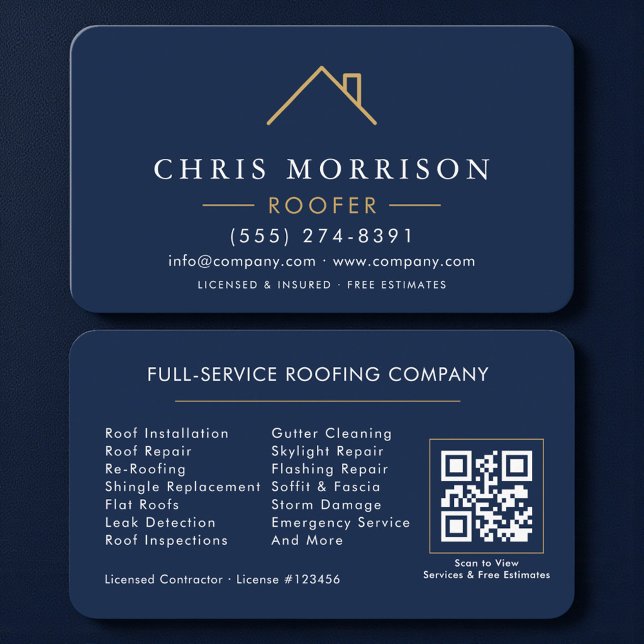 Tarjeta De Visita Roofer Navy Blue Gold QR Code (Subido por el creador)