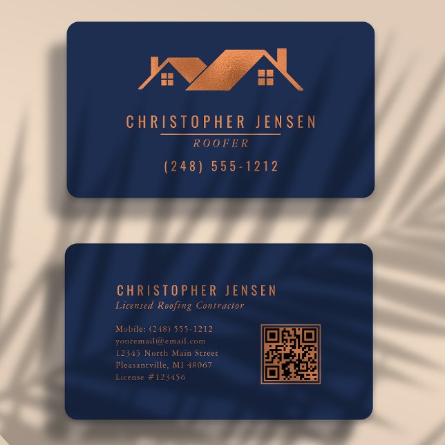 Tarjeta De Visita Roofer QR Code Navy Blue Copper Rounded Roofing (Subido por el creador)