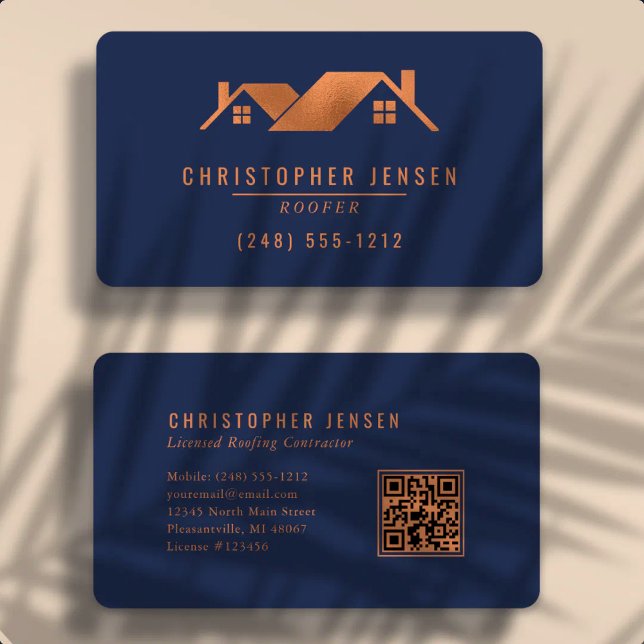 Tarjeta De Visita Roofer QR Code Navy Blue Copper Rounded Roofing (Subido por el creador)