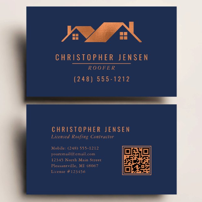 Tarjeta De Visita Roofer QR Code Roofing Business Navy Blue Copper (Subido por el creador)
