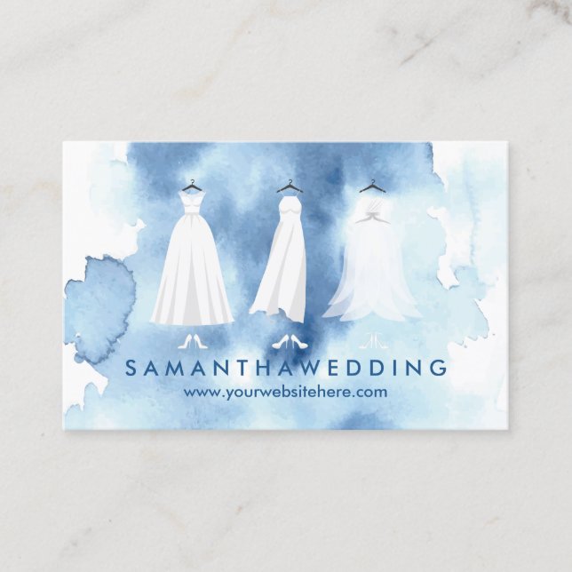 Tarjeta De Visita Ropa de novia acuarela Boda azul (Anverso)
