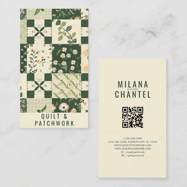 Tarjeta De Visita Ropa Hecha a Mano de Colcha Verde Patchwork (Anverso / Reverso)