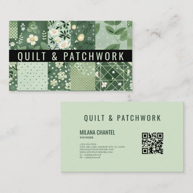Tarjeta De Visita Ropa Hecha a Mano de Colcha Verde Patchwork (Anverso / Reverso)