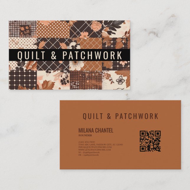 Tarjeta De Visita Ropa hecha a mano de patchwork de colcha marrón (Anverso / Reverso)
