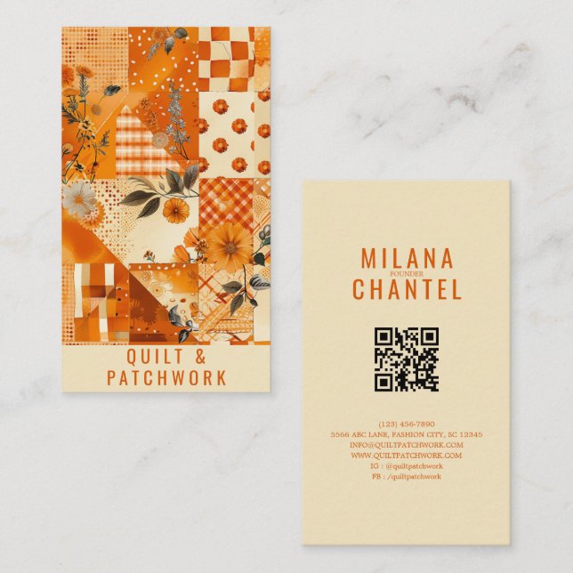 Tarjeta De Visita Ropa hecha a mano de patchwork de colcha naranja (Anverso / Reverso)