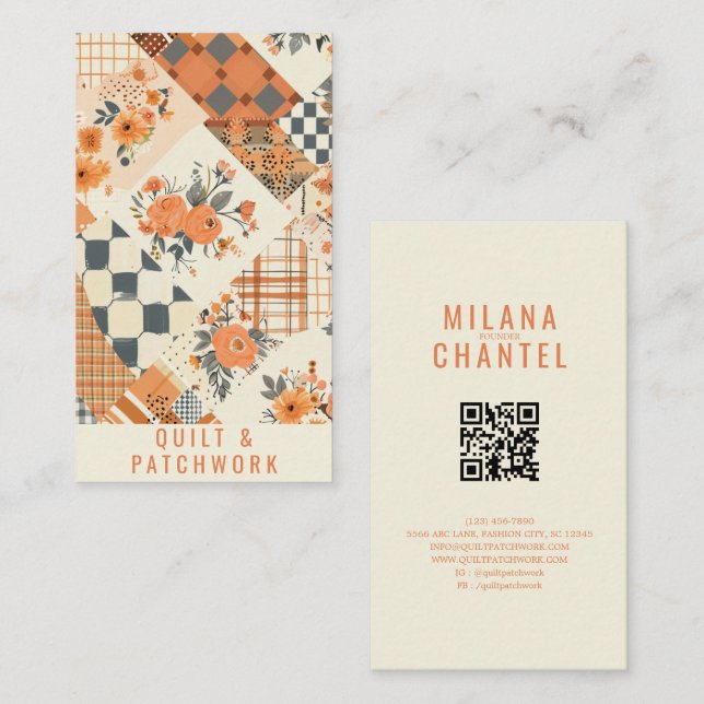 Tarjeta De Visita Ropa hecha a mano de patchwork de colcha naranja (Anverso / Reverso)