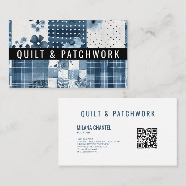 Tarjeta De Visita Ropa hecha a mano de patchwork de edredón azul (Anverso / Reverso)