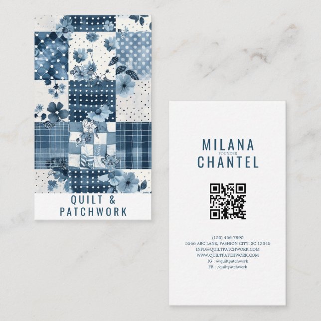Tarjeta De Visita Ropa hecha a mano de patchwork de edredón azul (Anverso / Reverso)