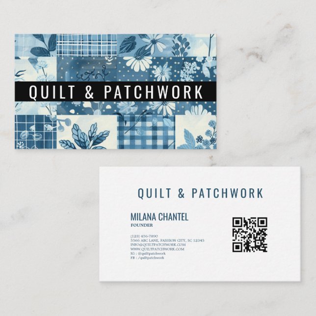 Tarjeta De Visita Ropa hecha a mano de patchwork de edredón azul (Anverso / Reverso)