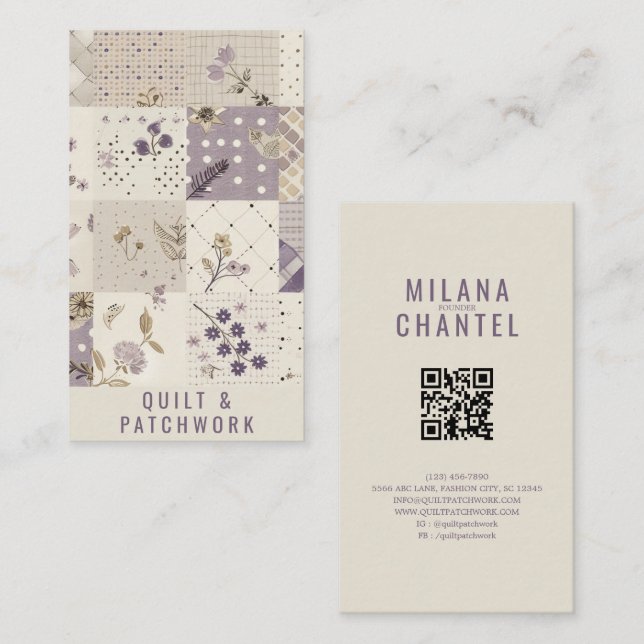 Tarjeta De Visita Ropa hecha a mano de patchwork de lila  (Anverso / Reverso)