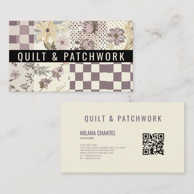 Tarjeta De Visita Ropa hecha a mano de patchwork de lila  (Anverso / Reverso)