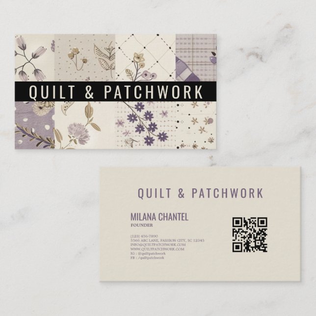 Tarjeta De Visita Ropa hecha a mano de patchwork de lila  (Anverso / Reverso)