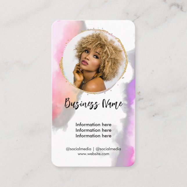 Tarjeta De Visita Rosa acuarela Gold Feminin Social Media Girly (Anverso)
