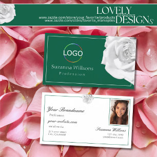 Tarjeta De Visita Rosa Blanca Amorosa sobre Verde con Logo y Foto