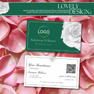 Tarjeta De Visita Rosa Blanca Amorosa sobre Verde con Logotipo y Cód