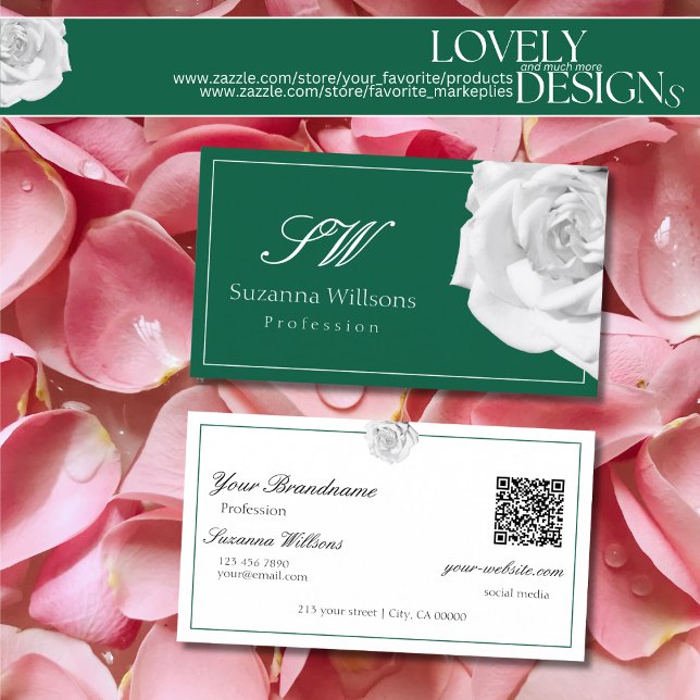 Tarjeta De Visita Rosa Blanca encantadoramente en verde con el códig (Subido por el creador)