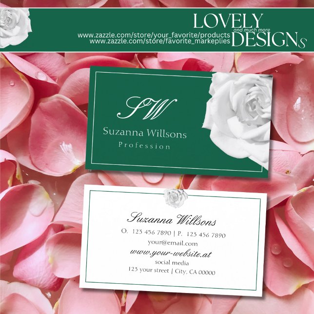 Tarjeta De Visita Rosa Blanca encantadoramente en verde con las inic (Subido por el creador)
