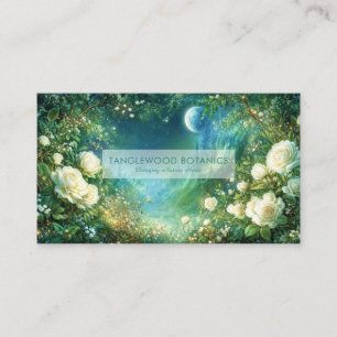 Tarjeta De Visita Rosa Blanca Floral y Castillo de la Luna Llena Noc
