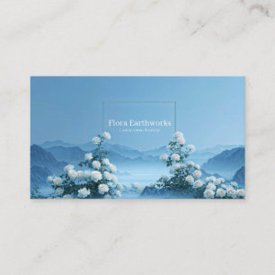 Tarjeta De Visita Rosa Blanca Floral y Marco de Montaña Niebla Azul