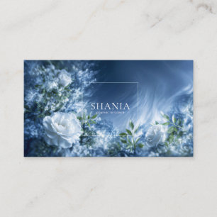 Tarjeta De Visita Rosa Blanca Floral y Remolino Cósmico Azul Oscuro
