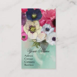 TARJETA DE VISITA ROSA BLANCA ROSADA Y FLORES DE ANÉMONA MONOGRAMA