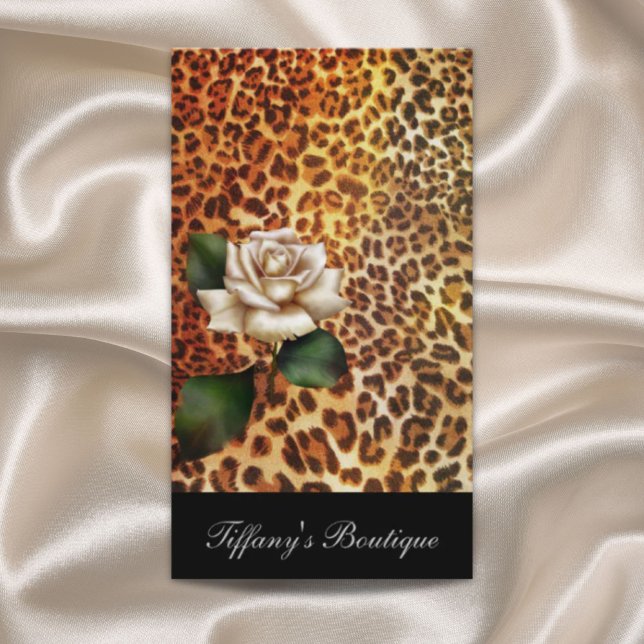 Tarjeta De Visita rosa blanco de leopardo elegante de moda femenina (fashion beauty salon elegant stylish Animal print leopard white rose Business Card)