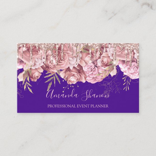 Tarjeta De Visita Rosa Blue Elegant Flower Logo Planner QRCODE (Anverso)