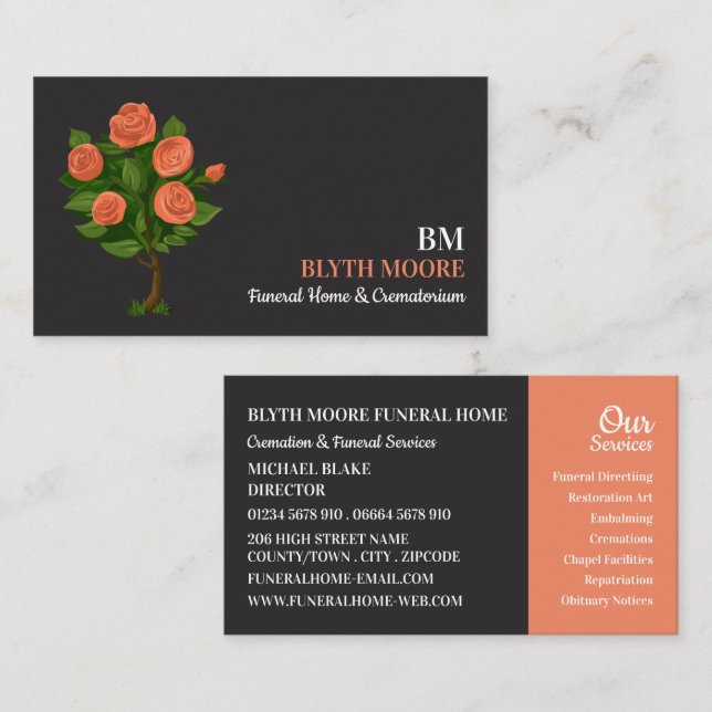 Tarjeta De Visita Rosa Bush, Funeral Home, Directores (Anverso / Reverso)