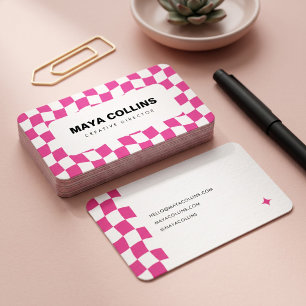 Tarjeta De Visita Rosa Caliente Blanco Ondulado a Cuadros