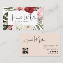 Tarjeta De Visita Rosa | Código QR de palmas florales tropicales