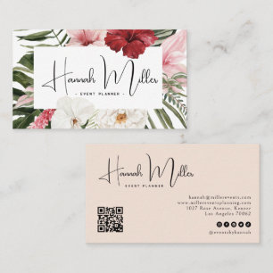 Tarjeta De Visita Rosa   Código QR de palmas florales tropicales