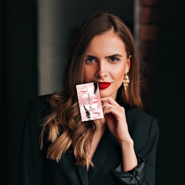 Tarjeta De Visita Rosa de artista de maquillaje de uñas gotea labios (Nails Makeup Artist Rose Drips Kiss Lips Pink Lash Business Card)